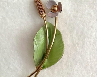 Vintage Delicate Flower and Reed  with Green Leaf Enameled Pin Brooch/Delicate Bouquet Fine Costume Jewelry/Mid Century Style