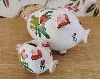 Vintage Double Piggy Bank, Handpainted Ceramic Money Box, Moneybox for Kids, Pig Gift, Retro Coin Bank, Vintage Home Decor, Kitschy Decor