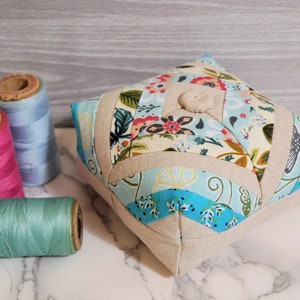 Patchwork Pin Cushion, Pincushion, Sewing Gift, Needle Minder, Pins, Needles, Teal, Crushed Walnut Shells, Linen