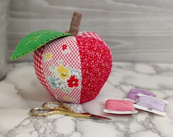 Apple Pincushion, Ornament, Bowl Filler, Fruit Decor, Needle Sharpener, Pin Cushion, Sewing Gift, Holiday Gift, Crushed Walnut Shells
