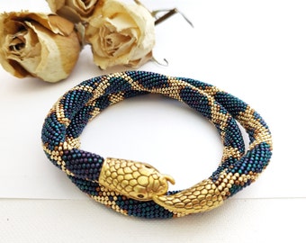 Blue metalic Snake bracelet Beaded snake necklace Python Snake Serpent skin necklace Ouroboros Animal bracelet necklace