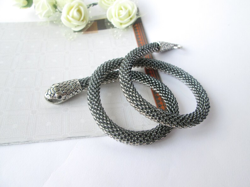 Animal necklace Bead crochet rope necklace Ouroboros jewelry Silver snake bead necklace Gray seed bead Statement necklace Snake choker