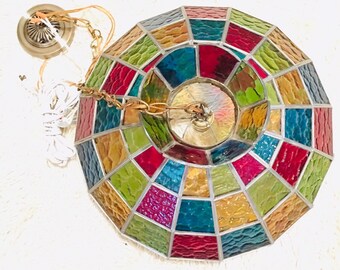 Vintage Multicolor Stained Glass Slag Pendant Light Fixture