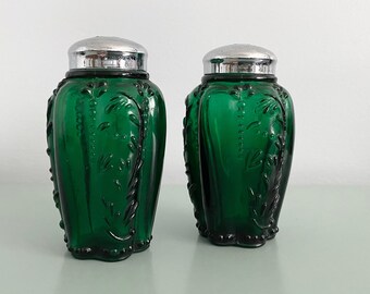 Antique Depression Glass Cactus Green Salt and Pepper Shaker Set