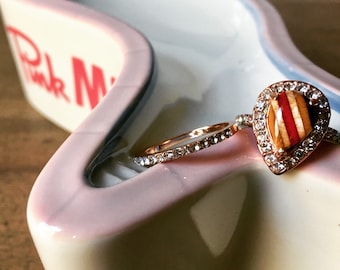 Stoked Recycled Skateboard Bridal Engagement Wedding Ring Set Rose Gold Tone Bands with Pear Cut Wood and Crystals Size 7 Jewelry