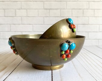 Vintage Handmade Indian Brass and Semi-Precious Stone Spice Bowls