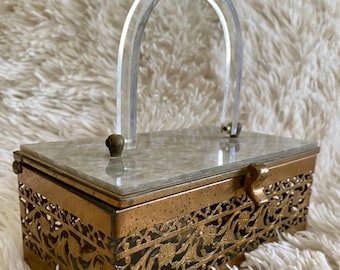 Vintage Brass Filigree Purse Box with Lucite Handle
