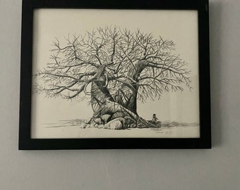 Shadreck Chekenyere Framed Karoo Sweet Thorn Tree Sketch 2017 Cape Town