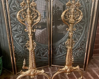 Vintage Rococo Brass Lion Flame Andiron Firedog Set