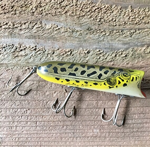 Vintage Heddon Lucky 13 Frog Scale Red Head Wood Fishing