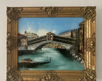 Antique Ponte di Rialto Venice Italy Canal Crystoleum Glass Art w Gilded Wood Frame