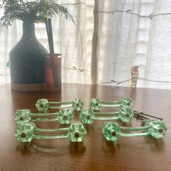Vintage Green Glass 3” Drawer Pull Knobs Handles