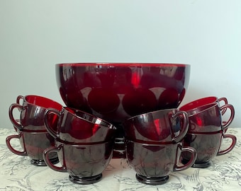 Vintage Anchor Hocking Ruby Red Punch Bowl 18 Piece Set