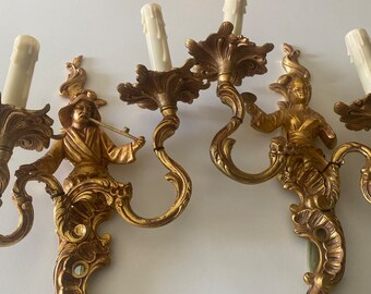 Vintage Louis XV Gilt Bronze Chinoiserie Figural Lamp Light Wall Sconce Set Pair