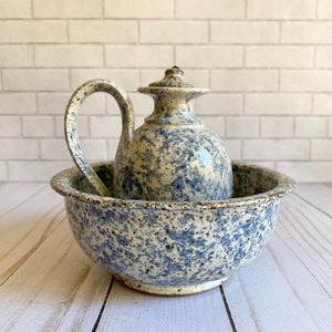 Vintage Stoneware Pottery Small Pitcher w Bowl Wash Set