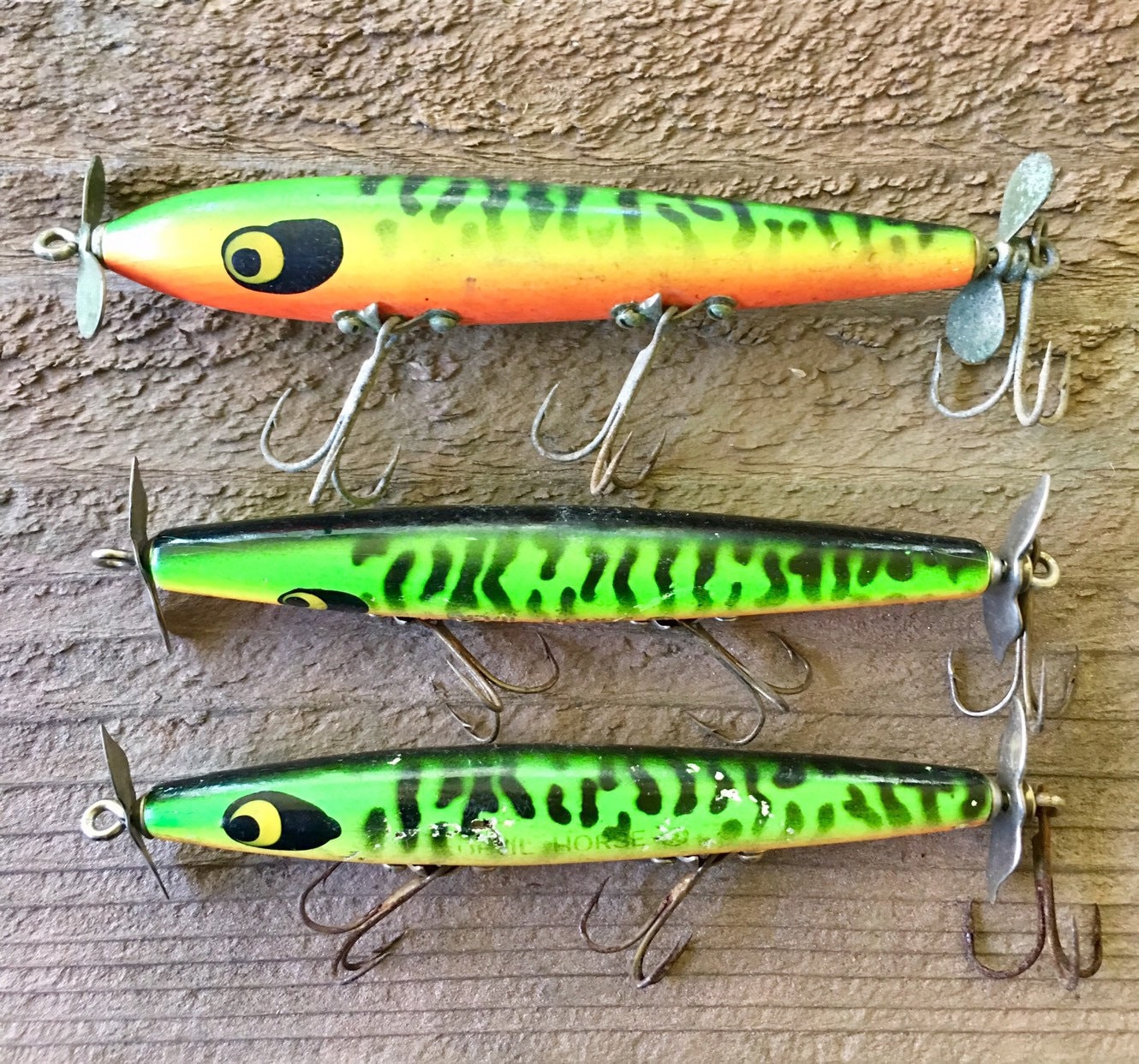 Vintage Smithwick Devils Horse Green Wood Fishing Lure Set of Three 3 