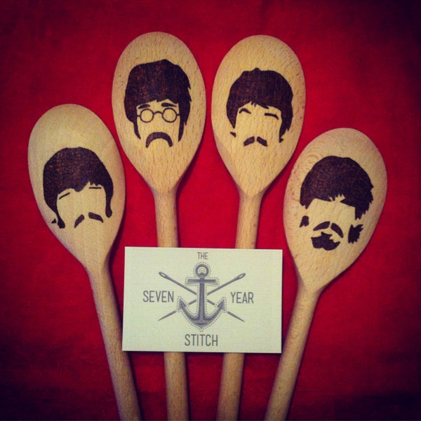 The Beatles 4 Piece Wooden Utensil Set - Burnt by hand