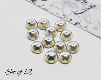 5mm Vintage Czech Glass Clear Iridescent Rainbow Cabochons (Set of 12)- Smooth Round Aurora Borealis Art Glass Cabs- Flat Back Foiled Stones