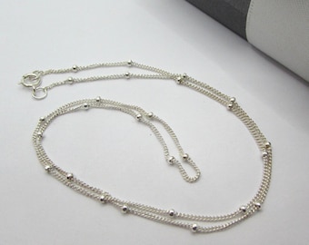 925 Sterling Silver Satellite Chain Necklace- 16" Long Beaded Choker- Dainty 1mm Beads