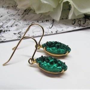 Dainty Navette Dangle Earrings Vintage German Sugar Art Glass Emerald Green or Iridescent Rainbow Stone 14K Gold Filled Upcycled Jewelry Green