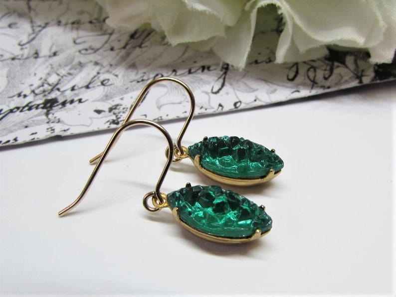 Dainty Navette Dangle Earrings Vintage German Sugar Art Glass Emerald Green or Iridescent Rainbow Stone 14K Gold Filled Upcycled Jewelry Green