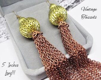 5" Extra Long Earrings! Vintage 1960's Gold Ball & Copper Chain Tassel Earrings with New Gold Plated Hook Earwires- Upcycled Vintage Jewelry