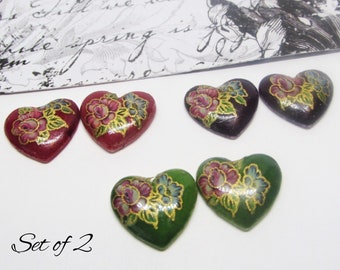 15mm Vintage Japanese Porcelain Heart Cabochons (Set of 2)- Gilt Flower / Floral Design- Cherry Red, Emerald Green or Purple- Flat Back Cabs