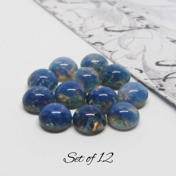 Cabujones de ópalo arlequín azul vintage de cristal checo de 5 mm - Cabujones redondos lisos - Motas multicolores