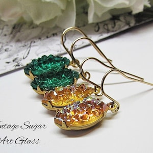 Dainty Navette Dangle Earrings Vintage German Sugar Art Glass Emerald Green or Iridescent Rainbow Stone 14K Gold Filled Upcycled Jewelry image 1