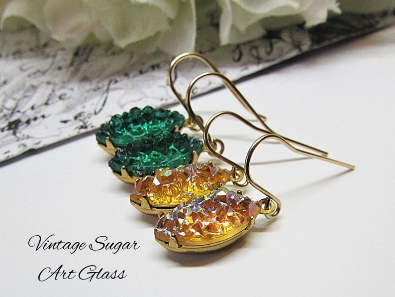 Dainty Navette Dangle Earrings Vintage German Sugar Art Glass Emerald Green or Iridescent Rainbow Stone 14K Gold Filled Upcycled Jewelry image 1