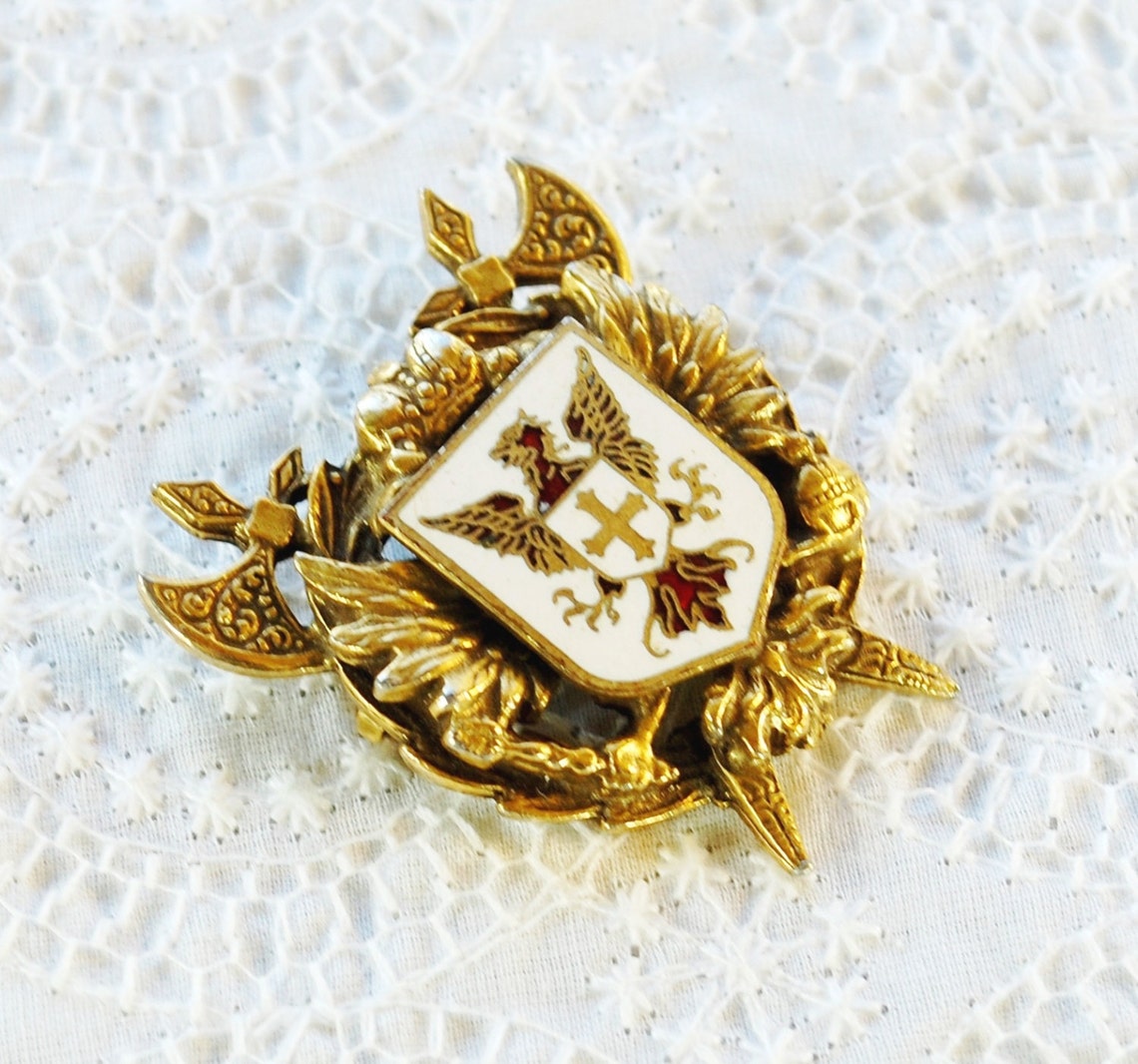 Vintage Brass Heraldic Brooch / Pin Coat of Arms Guilloche Etsy