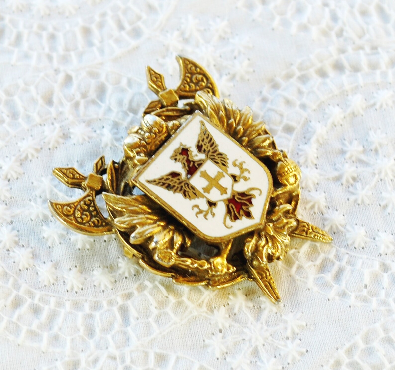 Vintage Brass Heraldic Brooch / Pin Coat of Arms Guilloche Etsy