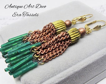 Antique Art Deco Tassel Earrings- Long Copper Chains- Emerald Green Glass Bugle Beads- New Gold Leverback Earwires- Upcycled Vintage Jewelry