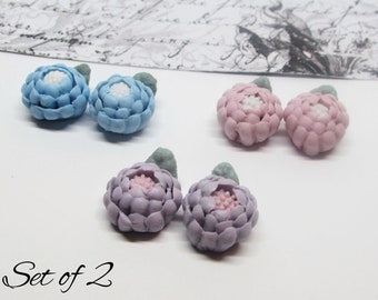 15mm Vintage Japanese Cabbage Rose Cabochons (Set of 2)- Ceramic Flowers- Lavender Purple, Rose Pink or Sky Blue- Flat Back Cabs- Made Japan