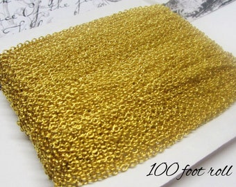 100 Foot Roll of Gold Plated Brass Cable Chain, Strong & Dainty 2mm X 2.5mm Round Links, Bulk Gold Cable Chain for Jewelry Making, Suppy