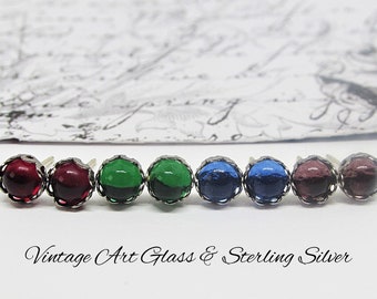 Dainty Sterling Silver Stud Earrings- Vintage Art Glass Stones- Cherry Red, Emerald Green, Sapphire Blue, Amethyst Purple- Tiny Post Earring