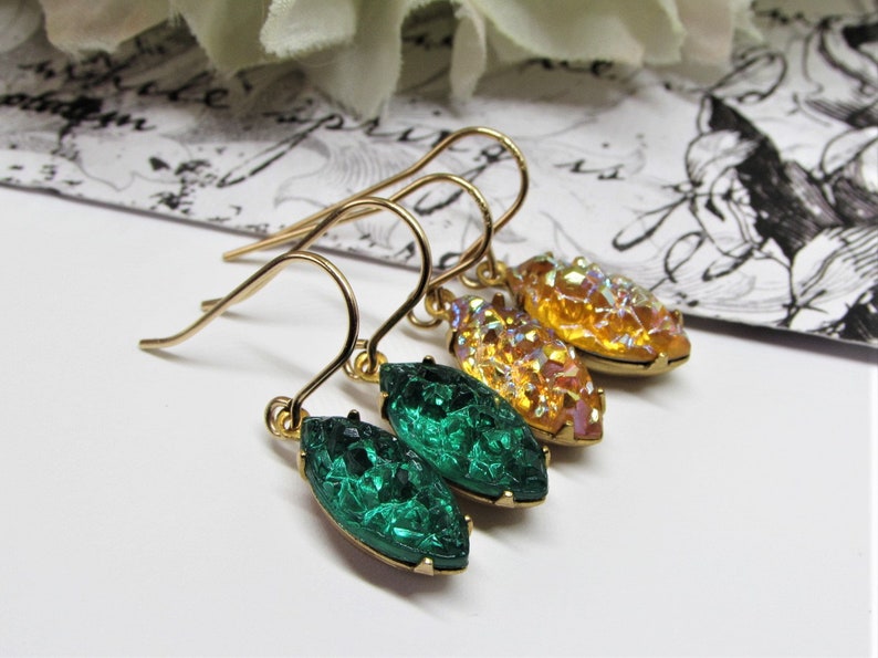 Dainty Navette Dangle Earrings Vintage German Sugar Art Glass Emerald Green or Iridescent Rainbow Stone 14K Gold Filled Upcycled Jewelry image 2