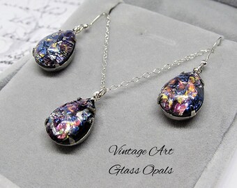 Purple Teardrop Pendant Necklace and Drop Earrings Set- Vintage Czech Glass Harlequin Opal Pear Stones- 14K Gold Filled- Upcycled Jewelry