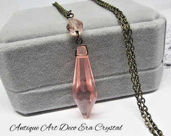 Antique 1930's Art Deco Pink Chandelier Crystal Pendant Necklace- 31" Long Antiqued Brass Cable Chain- Upcycled Vintage Jewelry