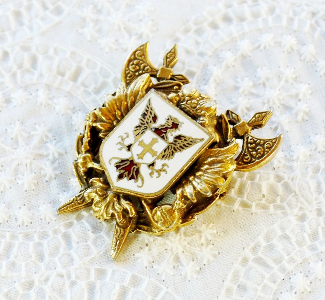 Vintage Brass Heraldic Brooch / Pin Coat of Arms Guilloche Etsy