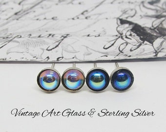 Tiny Sterling Silver Stud Earrings- Vintage Art Glass Stone- Iridescent Rainbow Aurora Borealis- Black or Clear Crystal- Dainty Post Earring