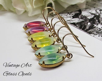 Dainty Marquise Dangle Earrings- Vintage German Art Glass Opals- Ombre Green, Yellow or Red Givre Stones- 14K Gold Filled- Upcycled Jewelry