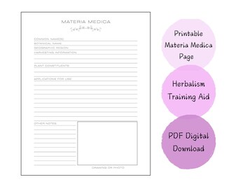 May include: A printable Materia Medica page with a botanical theme. The page includes sections for common names, botanical names, and harvesting information. The image also includes the text "Printable Materia Medica Page", "Herbalism Training Aid", and "PDF Digital Download".