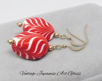 RARE Vintage 1950's Japanese Art Glass Dangle Earrings- Red & White Candy Cane Stripe Nugget Beads- 14K Gold Filled Hooks- Upcycled Jewelry