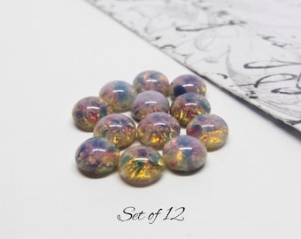 5mm Vintage Czech Glass Pink Harlequin Opal Cabochons (Set of 12)- Smooth Round Art Glass Cabs- Flat Back Stones- Multicolor Foil Speckles