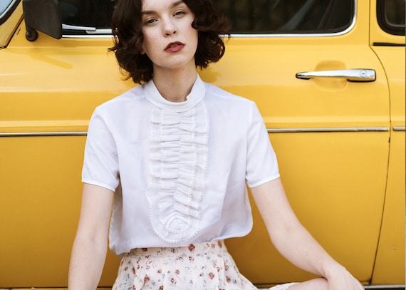 Vintage White bib blouse 1960s high neck M