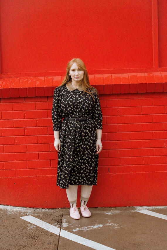 Vintage Black Tea Dress Ditsy White Floral Crepe 4