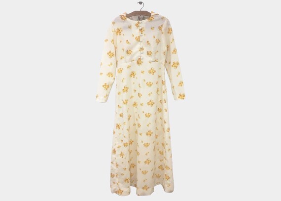 1970s Cream Hooded Dress Golden Floral Ditsy Crepe