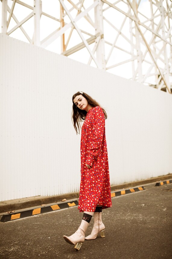 Vintage Red Ditsy Maxi Length Dress Viscose Long S