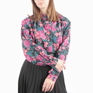 70s Vintage Black Cyan Pink Purple Floral Print Blouse for Women